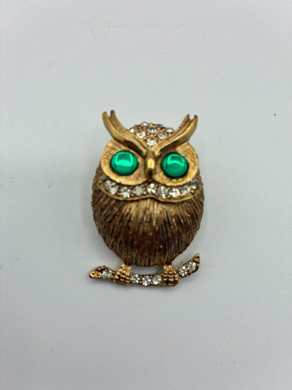 Vintage Gold Tone Owl Brooch Pin Rhinestone Green Eye Gems Mid Century